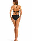 Women's Sexy Halter Embroidery Lace Trim Cross Back One Piece Swimsuit – Black